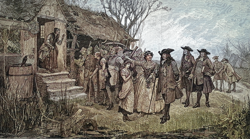 Charge of Witchcraft, villagers accusing an old cottage woman of sorcery before doubtful magistrates, after Henry Gillard Glindoni, Vintage illustration